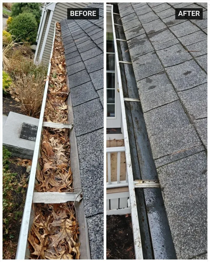 Before and after photo of a clogged gutter cleaned out